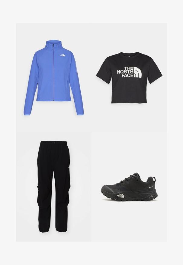Jachetă albastră cu fermoar complet, guler înalt și țesătură texturată. Prezintă un logo alb pe piept și buzunare laterale. Mansete ajustabile.; Cămașă scurtă neagră din bumbac, cu un logo alb cu accente curbate și textul "THE NORTH FACE" pe față. Mâneci scurte, guler rotund.; Pantaloni negri de exterior, confecționați dintr-un material durabil, cu o croială relaxată, talie elastică și manșete strânse pentru lungime ajustabilă.; Shoe de drumeții de culoare neagră cu un suprafață texturată, închidere cu șire, și o talpă din cauciuc masivă, având un logo proeminent pe lateral și modele de bandă.