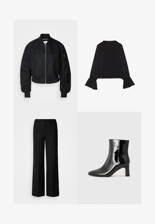 Juodas bombonešis, pagamintas iš lygios medžiagos, su užtrauktuko priekiu, įrubintomis rankovėmis ir trumpu dizainu, turinčiu švelnių surinkimų detalių rankovėse.; Juoda ilgomis rankovėmis palaidinė su išsiplėtusiais rankogaliais, minkšta tekstūra ir laisva forma, su paprastu apvaliu kaklu.; Juodos plačios kojų kelnės su lygia medžiaga, pasižyminčios aukštu liemeniu, pritaikytais siūlėmis ir minimalistiniu dizainu. Nėra matomų metalo detalių ar kišenių.; Juodos lakuotos odinės aulinukės su smailiu pirštu ir vidutinio aukščio blokuotu kulnu. Lygus paviršius ir minimalistinis dizainas.