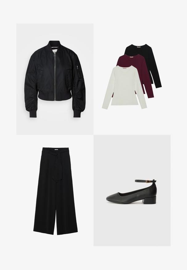 Musta bomber-takki, joka on valmistettu sileästä kankaasta. Takissa on vetoketjulla suljettava etuosa, ribatut hihansuut ja lyhyt malli, jossa on hillityt rypytyslehdet hihoissa.; Pitkähihaiset t-paidat valkoisena, burgundinpunaisena ja mustana. Valmistettu pehmeästä kankaasta, jossa on pyöreä kaula-aukko ja vartalonmyötäinen muotoilu. Sopii hyvin kerroksittain käytettäväksi.; Mustat leveät housut, joissa on teksturoitu kangas, joustava vyötärö ja irrotettava nauha vyötäröllä säädettävää istuvuutta varten.; Mustat nahkakengät, joissa on terävä kärki ja matala lohkare korko. Varustettu nilkkahihnalla, jossa on kultasävyinen solki. Lisää sileä pinta.