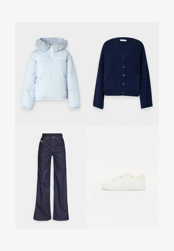 Gaiši zilā pūkainā jaka ar mākslīgās ādas kapuci, pusizjaukšanas aizdare un divas sānu kabatas; uz krūtīm ir drukāts logo.; Tums zila adīta džemperis ar V veida kakla izgriezumu, sešām melnām pogām un divām priekšējām kabatām. Iezīmētas ar pārspīlētām piedurknēm un īsu apakšmalu.; Trīs T-krekli: viens melns, viens balts un viens svītrains melnbalts. Visi ir ar īsām piedurknēm un apaļu kakla izgriezumu, izgatavoti no gludas auduma.; Tumši zili platleņķa džinsi no denima auduma ar augstu jostasvietu, ar oranžām šuvēm, piecu kabatu dizainu un pogu aizdari.; Balti sporta apavi ar auduma augšdaļu, apaļu purngalu un plakanu gumijas zoli. Iezīmējas ar zeltītām acs caurumiem un gaiši krēmīgu papēža akcentu.