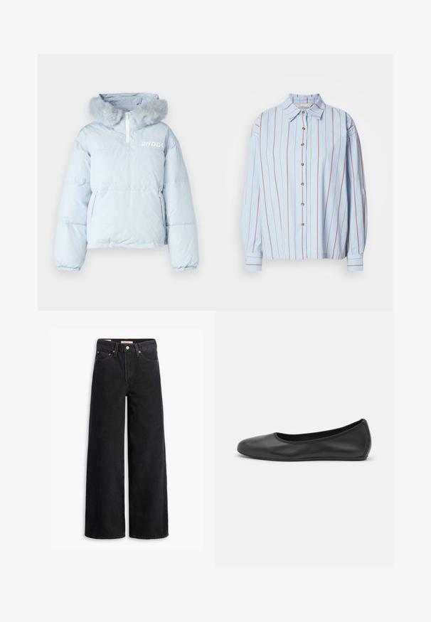 Helle blaue Steppjacke mit einer Kapuze aus Kunstfell, halber Reißverschluss und zwei Seiten Taschen; mit aufgedrucktem Logo auf der Brust.; Hellblaues Hemd mit senkrechten roten Streifen, klassischem Kragen und langen Ärmeln mit Manschetten. Mit goldenen Knöpfen vorne ausgestattet.; Schwarzes kurzes T-Shirt aus weichem Stoff, mit Rundhalsausschnitt und gerafften Details an der linken Seite für eine dezente Textur.; Schwarze weite Jeans aus Denim mit fünf Taschen, Kupferrivets und einem klassischen Knopfverschluss. Glatte Textur mit einem klaren Design.; Schwarze Leder-Ballettschuhe mit abgerundeter Spitze, glatter Textur, minimalen Nähdetails und einem flexiblen Sohlen-Design.