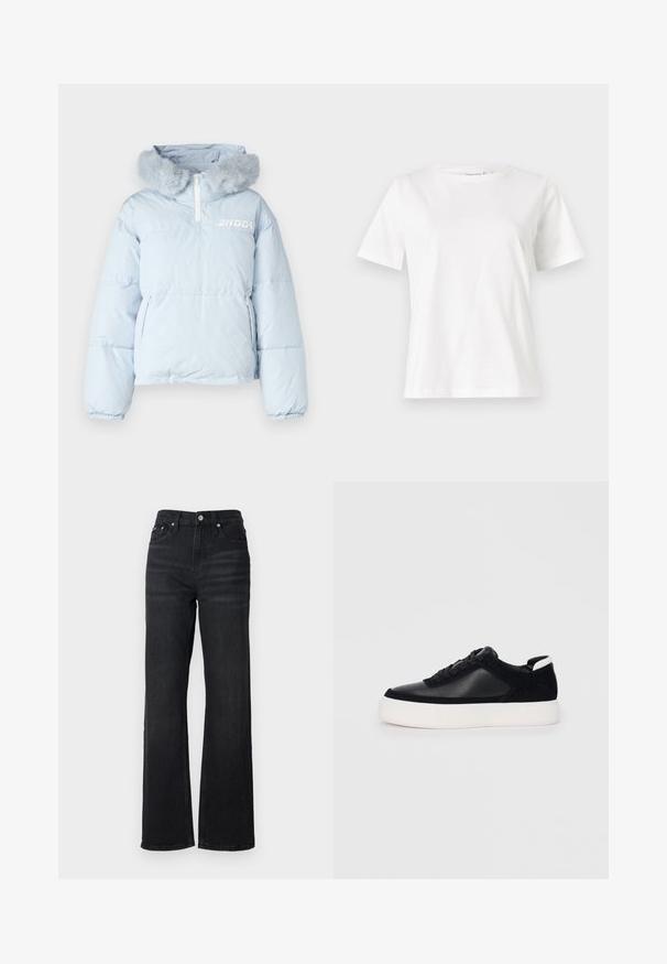 Light blue puffer jacket with a faux fur hood, half-zip closure, and two side pockets; features logo printed on the chest.; White cotton t-shirt with short sleeves, round neckline, and a relaxed fit. Smooth texture, no patterns or accents, minimalistic design.; Black denim wide-leg jeans with a high waist, five-pocket design, and silver metal button. Fabric has a smooth texture and slight stretch.; Black sneaker with smooth leather and suede panels, flat laces, rounded toe, and a white rubber sole. Distinct logo on the heel.