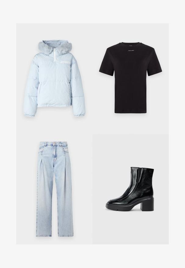 Gaiši zilā pūkainā jaka ar mākslīgās ādas kapuci, pusizjaukšanas aizdare un divas sānu kabatas; uz krūtīm ir drukāts logo.; Melna kokvilnas T-kreklu ar īsām piedurknēm, apaļu kakla izgriezumu un nelielu baltu "Calvin Klein" logotipu krūtīs. Gluda tekstūra, klasiskā piegriezuma.; Gaiši zilas džinsu bikses ar augstu jostasvietu, plats kāju griezumu, divām sānu kabatām un krokotā dizaina akcentiem. Mīksta tekstūra ar izdilušu apdari.; Melnas lakotas ādas potītes zābaki ar izliekto purngalu, elastīgām sānu paneļiem un masīvu blokveida papēdi. Aizmugurē ir izsistā logo.