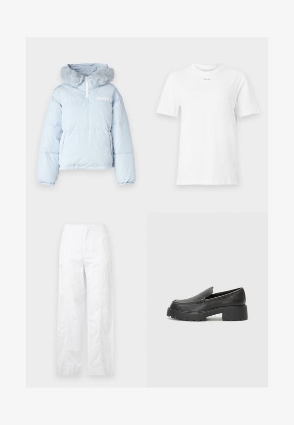 Jachetă puffer albastră deschisă cu glugă din blană sintetică, închidere cu fermoar pe jumătate și două buzunare laterale; prezintă logo-ul tipărit pe piept.; Tricou alb din bumbac cu guler rotund, mâneci scurte și un mic logo negru "Calvin Klein" pe piept. Design simplu, fără modele.; Pantaloni albi cu croială largă, fabricați dintr-un material ușor, având o textură netedă, linii curate și un design cu talie înaltă.; Mocasini din piele neagră, cu vârf rotunjit, talpă groasă texturată și detalii minimale de cusătură. Design elegant, fără șireturi sau accesorii vizibile.