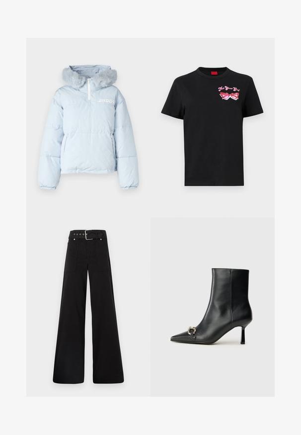 Light blue puffer jacket with a faux fur hood, half-zip closure, and two side pockets; features logo printed on the chest.; Black cotton t-shirt with short sleeves featuring a pink graphic of sunglasses and text "Not Your Girl" on the left chest area.; Black wide-leg trousers made from cotton, featuring a high waist, large side pockets, and a belted waist with silver hardware accents.; Black leather ankle boot with pointed toe, slim mid-height heel, and silver buckle detail on side against plain background.