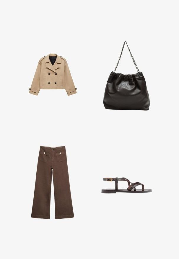 Krémový zkrácený trenčkot s dvouřadým zapínáním na knoflíky, ramenními epauletami a černými knoflíky. Měkká látka a přizpůsobený design.; Hnědé tričko s krátkým rukávem vyrobené z měkké látky, s kulatým výstřihem a volným střihem. Bez viditelných vzorů nebo dekorací.; Hnědé široké kalhoty vyrobené z bavlny, s dvěma předními kapsami a stříbrnými knoflíky, s hladkou texturou.; Hnědé kožené sandály s kříženými pásky, uzavřením na přezku u kotníku a plochou podrážkou s minimem švů.; Hnědá kožená taška se sbíraným vrškem a řetízkovým popruhem. Hladký povrch s lesklým finišem a jemným švem na bocích.