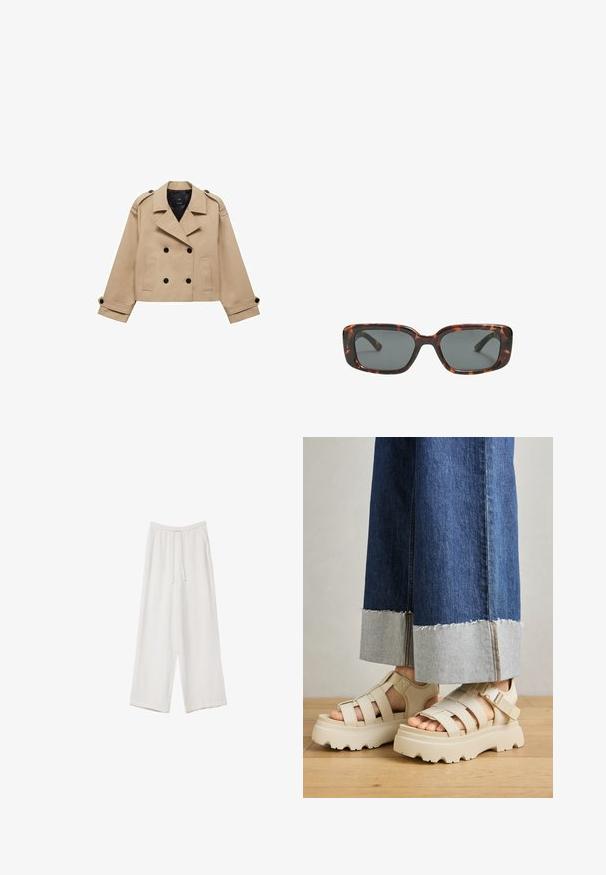 Béžový skrátený trenčkot s dvojradovým zapínaním na gombíky, s ramennými epauletmi a čiernymi gombíkmi. Mäkkučký materiál a prispôsobený strih.; Svetlo béžové tričko s krátkym rukávom a okrúhlym výstrihom, vyrobené z jemnej, hladkej tkaniny. Má voľný strih a rovný lem.; Biele široké nohavice vyrobené z ľahkej tkaniny. Obsahujú elastický pás so sťahovacou šnúrkou a bočné vrecká. Hladká textúra.; Béžové platformové sandále s hrubými podrážkami majú pruhovaný dizajn a nastaviteľné popruhy okolo členka. Nosené sú s džínsovými nohavicami s širokými nohavicami, pri ktorých je jeden lem rozstrapkaný.; Rámiky slnečných okuliarov v štýle korytnačiny s obdĺžnikovými šošovkami, hrubými rámami a tmavými tónovanými šošovkami. Hladký povrch a minimalistický dizajn.