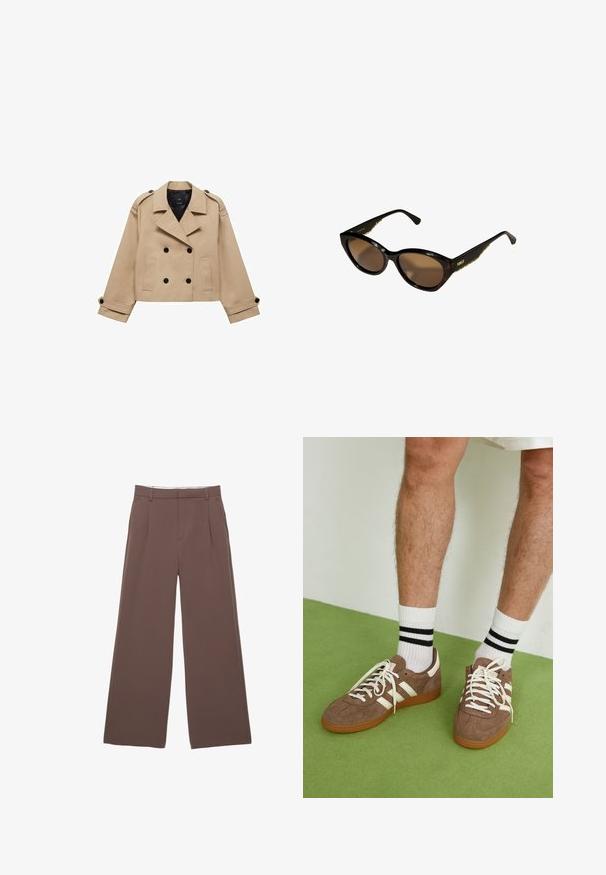 Beige, taillierter Trenchcoat in cropped Länge mit doppelreihiger Knopfleiste, Schulterklappen und schwarzen Knöpfen. Aus weichem Material gefertigt.; Beige Langarmshirt mit rundem Halsausschnitt und gerafften Details an den Seiten, aus einem weichen, strukturierten Stoff gefertigt.; Weite Hosen aus einfarbigem braunem Stoff, mit einer glatten Textur, vorderen Falten und einem maßgeschneiderten Bund. Keine sichtbaren Logos oder Muster.; Braune Wildleder-Sneaker mit weißen Akzenten und Schnürsenkeln. Gummisohle in Kautschuk-Optik. Getragen mit weißen Socken, die schwarze Streifen haben. Grüner strukturierter Fußboden.; Schwarze Cat-Eye-Sonnenbrille mit braunen Gläsern. Strukturiertes goldfarbenes Zubehör an den Bügeln. Glatter Kunststoffrahmen mit glänzender Oberfläche.
