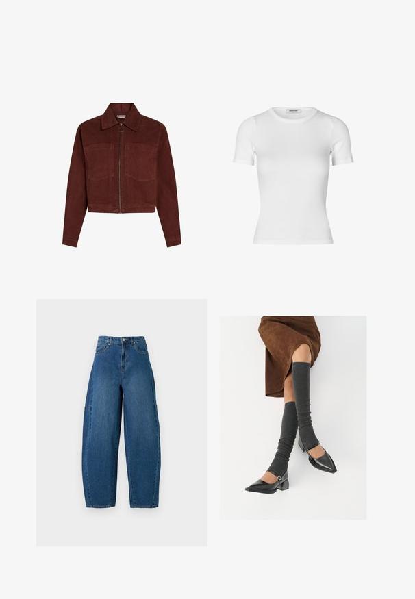 Samtjacke in tiefrot, mit langen Ärmeln, spitzem Kragen, zwei Vordertaschen und einem zentralen Reißverschluss mit einem runden Ziehgriff.; Weißes T-Shirt mit kurzen Ärmeln aus geripptem Material. Verfügt über einen Rundhalsausschnitt und eine figurbetonte Silhouette. Glatte Textur ohne Muster.; Denimjeans in einer mittleren blauen Waschung, mit hoher Taille, weit geschnittenem Bein und dem typischen fünf Taschen Design mit sichtbaren Nahtdetails.; Schwarze lacklederne spitze Schuhe mit Blockabsatz und Knöchelriemen, kombiniert mit grauen gerippten Beinstulpen und einem braunen Wildlederrock.