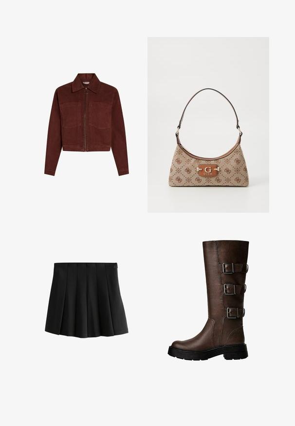 Corduroy jacket in deep red, featuring long sleeves, pointed collar, two front pockets, and a central zipper with a circular pull.; Brown long-sleeve shirt made from smooth fabric. Features a round neckline and straight hem, with no visible patterns or accents.; Black pleated mini skirt with a smooth waistband and structured inverted box pleats, isolated on white background.; Brown leather knee-high boot with three metallic buckles, textured surface, rounded toe, and chunky sole for stability.; Tote bag in beige fabric with brown patterned accents. Features a curved shape, single strap, and a logo plaque in front with silver hardware.
