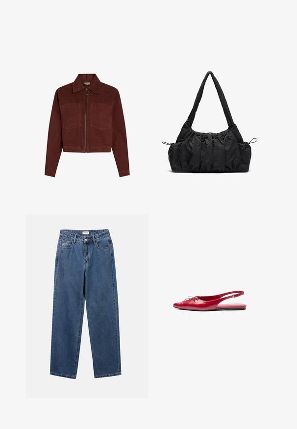 Corduroy jacket in diep rood, met lange mouwen, puntige kraag, twee voorkezen en een centrale rits met een ronde trekker.; Grijze langemouwen shirt met een ronde hals, met een witte afwerking bij de halslijn en manchetten. Gemaakt van zachte, gestructureerde stof.; Klassieke blauwe denim jeans met een rechte pijp, vijf zakken en een knoopsluiting. Heeft een middelgrote wasbeurt en stevige textuur.; Rode leren slingback platte schoen met een puntige neus en een decoratieve vetersluiting aan de voorkant, voorzien van een slanke enkelband en een platte zool.; Zwarte stoffen handtas met gerimpelde textuur, twee schouderbanden en een trekkoordsluiting aan de zijkanten. Glad, lichtgewicht materiaal.