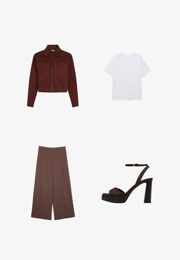 Sametová bunda v tmavě červené barvě, s dlouhými rukávy, špičatým límečkem, dvěma předními kapsami a centrálním zipem s kruhovým táhlem.; Šedé tričko s krátkým rukávem vyrobené z měkké tkaniny. Má kulatý výstřih a uvolněný střih, s jemnou melírovanou texturou.; Hnědé široké kalhoty s hladkou texturou, vysokým pasem a předními záhyby. Materiál je lehký a volně splývá.; Hnědé semišové sandály na vysokém podpatku s otevřenou špičkou, nastavitelným páskem kolem kotníku a proužkovou platformou.