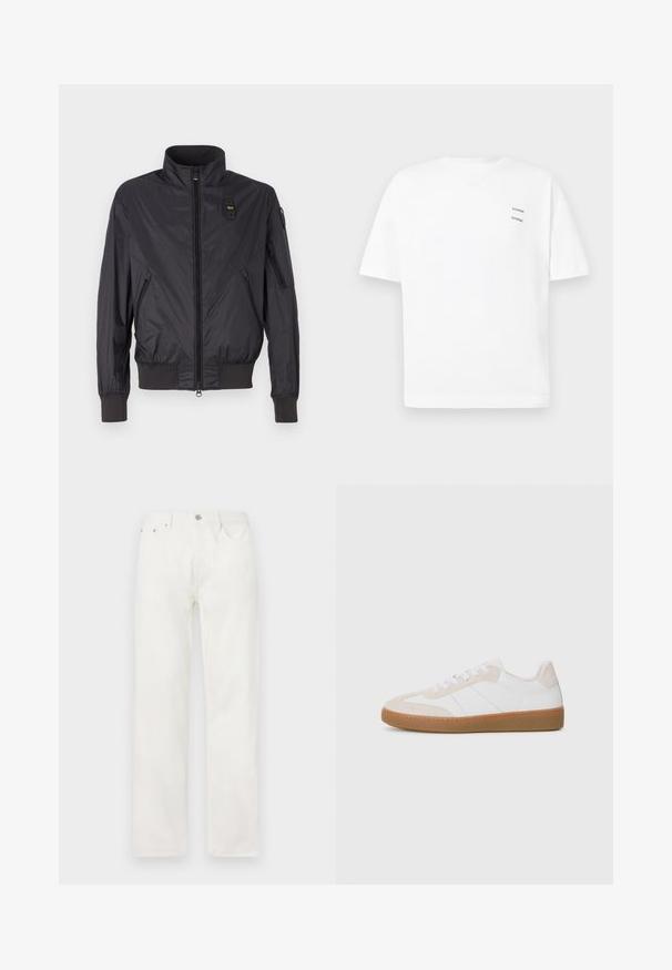 Black nylon bomber jacket with a high collar, front zip closure, side pockets, and ribbed cuffs. Features small logo detail on the chest.; White cotton t-shirt with a relaxed fit, short sleeves, and a V-neck. Features two small black printed logos on the left side.; White denim jeans with a straight leg, button and zipper closure, five-pocket design, and no visible patterns or accents.; White and beige sneaker with suede and leather elements. Features a rubber sole, lace-up design, and minimalist side stripes.