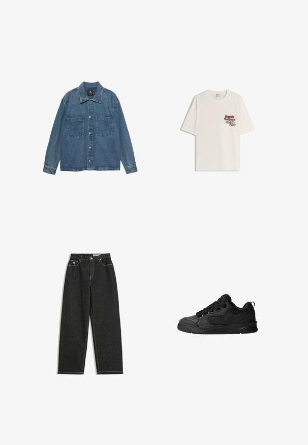 Denim jakna v svetlo modri barvi, z gumbom na sprednji strani, dvema žepoma na prsih in klasičnim ovratnikom. Mehak material z rahlo faded končnim površjem.; Bela bombažna majica s kratkimi rokavi in okroglim izrezom. Ima natisnjen grafični motiv v rdeči in črni barvi na levi strani prsnega predela.; Črne ravne hlače iz jeansa z belim šivanjem, zasnova s petimi žepi, zapiranje na gumb in zadrgo, ter majhna logotip na sprednjem desnem žepu.; Črne superge z teksturiranim zgornjim delom, opremljene z vezalkami, mrežastimi dodatki za zračnost, oblazinjenim ovratnikom in trdnim podplatom.