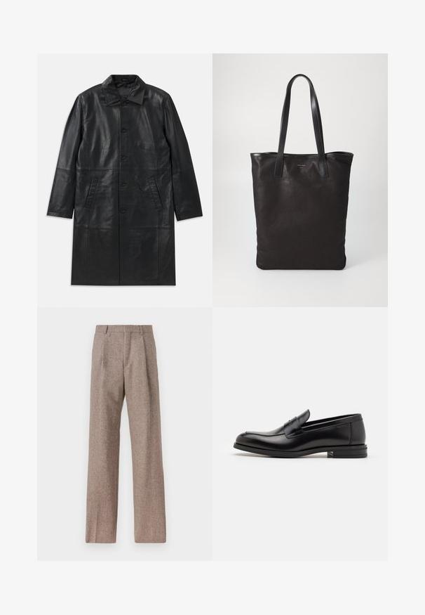 Juodas odinis ilgas paltas su smailiu apykakle, priekyje su sagų užsegimu ir dviem kampuotais šoninėmis kišenėmis, pateiktas plokščiai ant balto fono.; Balta mygtukinė marškiniai su apykakle, turinti subtilias vertikalias juosteles, ilgomis rankovėmis, krūtinės kišene ir klasikiniais apvaliais kraštais.; Rudos, aukšto liemens kelnes, pagamintas iš tekstūruotos medžiagos. Plati kojos, dvi priekinės klostės struktūrai. Tvarkingas apdailos darbai, be matomų detalių.; Juodos odinės loafers, turinčios lygų paviršių, apvalią noselę ir dekoratyvinę juostą per priekinę dalį. Žemas krentantis kulnas, minimalistinis dizainas.; Juodas drobės pirkinių maišelis su juodais odiniais rankenomis. Paprastas dizainas, erdvus kūnas ir lygus paviršius. Nėra matomų logotipų ar raštų.