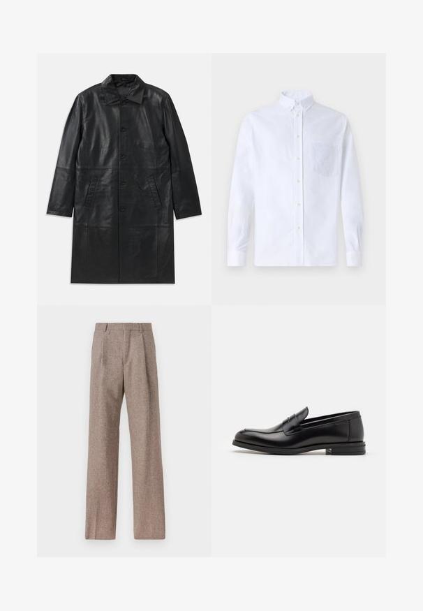 Black leather long coat with a pointed collar, front button closure, and two angled side pockets, displayed flat on a white background.; White long-sleeve button-up shirt made of cotton, featuring a chest pocket with tonal embroidery, a collar, and button cuffs.; Brown, high-waisted trousers made of textured fabric. Features wide legs and two front pleats for structure. Neat finish with no visible hardware.; Black leather loafers with a smooth texture, rounded toe, and a decorative strap across the vamp. Low stacked heel, minimalist design.