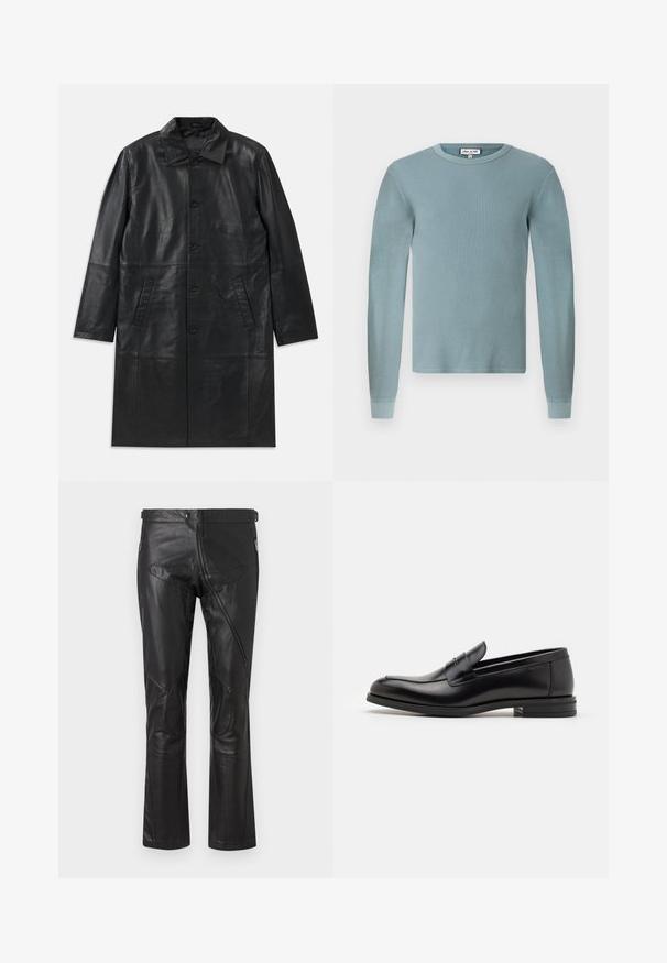 Črn usnjen dolg plašč s koničastim ovratnikom, sprednjim gumbom za zapiranje in dvema poševnima žepoma, prikazanim na ravni beli podlagi.; Svetlo modra majica z dolgimi rokavi z rebrasto teksturo in okroglim izrezom. Ima oprijete manšete in preprosto oznako blagovne znamke na ovratniku.; Črne usnjene hlače s ravnim krojem, ki vključujejo žepke na zadrgo, kolenske zaklope in nastavljive detajle na pasu. Gladka tekstura.; Črne usnjene loafer čevlje z gladko teksturo, zaobljenim nosom in dekorativnim trakom čez zgornji del. Nizka zložena peta, minimalističen dizajn.