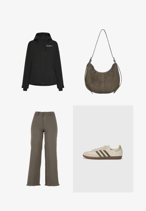 Svart vattentät jacka med huva, framzip, sidofickor och O'Neill-logotyp på bröstet. Har ärmslut med justerbart kardborreband.; Olivgrön oversized stickad tröja med ribbad rundad hals och fåll. Tyget har en mjuk textur med en subtil lyster. Löst sittande, långa ärmar.; Olivgröna vida byxor i denim, med knappstängning, fransade fållar och framfickor. Slät textur genom hela plagget.; adidas Originals SAMBA OG UNISEX - Sneakers - alumina/medium dark khaki/gum; Brun mockaskinn hobo-väska med rundad form, kontrasterande sömmar, en axelrem och dragkedja. Slät yta överlag.
