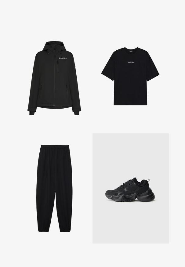 Svart vanntett jakke med hette, frontglidelås, sidelommer og O'Neill-logo på brystet. Har mansjetter med justerbar borrelås.; Svart bomull T-skjorte med løs design. Har korte ermer og rund hals. Teksten "Positive Sincere" i hvitt sentrert på forsiden.; Svarte, lette bukser med elastisk liv og rynkede ankler. Stoffet er glatt og har en avslappet, innsvingt design.; Svart sneakers med en blanding av glatte og teksturerte materialer, tykke såler, rund form og dekorativ søm. Har en myk, plysj krage.