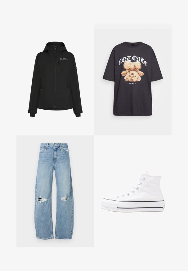 Zwarte waterdichte jas met een capuchon, voorrits, zijzakken en het O'Neill-logo op de borst. Voorzien van mouwcuffs met verstelbaar klittenband.; Zwart oversized t-shirt met een afbeelding van een beer en de tekst "NIET SCHATTIG, MAAR WILD" in grote, witte letters. Gemaakt van katoen.; Lichtblauwe, hooggeritste jeans van denim. Beschikken over wijde pijpen, twee gescheurde knievalken en klassieke vijfzakken styling.; Witte high-top canvas sneakers met een zwarte rubberen zool, een rubberen neuskap aan de voorkant en zes gaatjes voor veters, met een schone, minimalistische uitstraling.