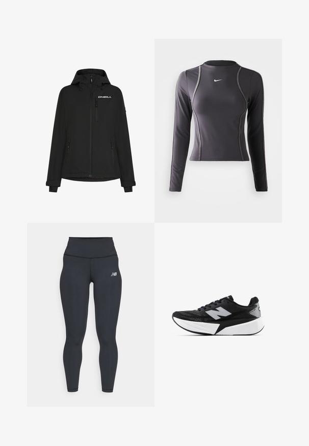 Juodas vandeniui atsparus džemperis su gobtuvu, priekinis užtrauktukas, šoninės kišenės ir O'Neill logotipas krūtinėje. Yra reguliuojamos Velcro rankogaliai.; Ilgų rankovių sportinis džemperis tamsiai pilkos spalvos, pagamintas iš elastingos medžiagos, turintis apvalų iškirpimą ir kontrastingą siuvimą. Nike logotipas ant krūtinės.; Juodos sportinės tamprės su aukštu liemeniu, turinčios lygią tekstūrą ir mažą baltą "New Balance" logotipą ant šlaunies.; Juodai balta New Balance bėgimo batai su storesne pado dalimi, tinklinė viršutinė dalis ir "N" logotipas šone, matoma iš išorinės pusės.
