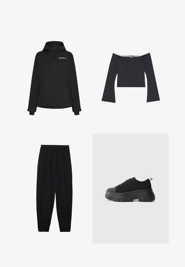 Jachetă neagră impermeabilă cu glugă, fermoar frontal, buzunare laterale și logo O'Neill pe piept. Dispune de manșete ajustabile cu Velcro.; Top scurt negru, cu umeri decupați, care prezintă mâneci lungi în clopot, o textură fină și o dantelă albă pe guler. Spatele are un detaliu decorativ sub formă de nod.; Pantaloni negri, ușori, cu un brâu elastic și tivuri strânse. Materialul este neted și are un design relaxat, conic.; Adidași negri cu talpă groasă din cauciuc, superior din material texturat, bot rotund și design cu șireturi. Include gauri întărite pentru șireturi și o buclă pe spate.