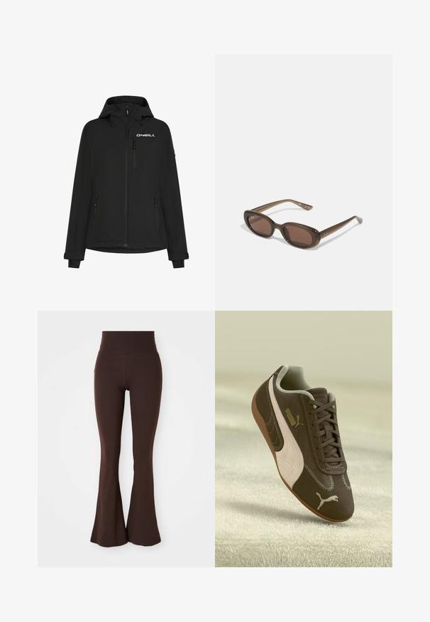 Zwarte waterdichte jas met een capuchon, voorrits, zijzakken en het O'Neill-logo op de borst. Voorzien van mouwcuffs met verstelbaar klittenband.; Witte lange mouwen top van gladde stof. Heeft een ronde halslijn, verlaagde schouders en een ontspannen pasvorm met een licht gebogen zoom.; Brune uitlopende leggings gemaakt van zachte, rekbare stof, met een hoge tailleband en een getailleerd silhouet dat uitloopt bij de enkel.; Bruine Puma sneaker met een beige streep en logo, met veters, rustend op een gestructureerde beige ondergrond.; Brown ovalen zonnebrillen met donkere lenzen. Het montuur is gemaakt van doorzichtig bruin materiaal en heeft een logo dat op de slapen is gedrukt.; Geweven beige draagtas met een slungelige vorm en een enkele schouderband. Kenmerkt zich door een textuurpatroon over het hele oppervlak.