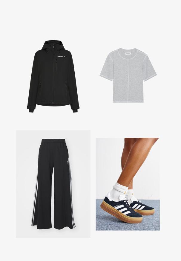Černá nepromokavá bunda s kapucí, předním zipem, bočními kapsami a logem O'Neill na hrudi. Obsahuje zápěstní manžety s nastavitelným suchým zipem.; Šedé bavlněné tričko s krátkými rukávy, kulatým výstřihem a kontrastním bílým prošíváním podél švů a lemů. Jednoduchý, nezdobený design.; Černé pohodlné tepláky širokého střihu s elastickým pasem, na boční straně s bílými pruhy a vyšitým logem na levé stehně.; Černé semišové tenisky s bílými pruhy a detaily, zaoblenou špičkou, podrážkou z gumy barvy žvýkačky, doplněné bílými žebrovanými ponožkami ke kotníkům.