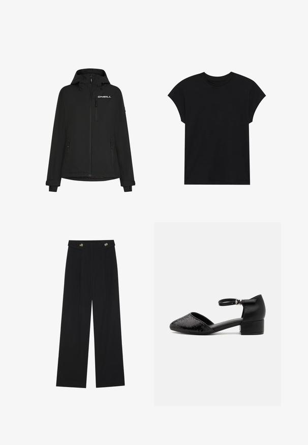 Black waterproof jacket with a hood, front zip, side pockets, and O'Neill logo on the chest. Features wrist cuffs with adjustable Velcro.; Black cotton t-shirt with a round neckline, short sleeves, and a relaxed fit. Smooth texture and no visible patterns or embellishments.; Black wide-leg trousers with high waist, button details on waistband, and front pleats.; Black ankle strap shoe with a pointed toe, featuring a textured upper and a low block heel for stability. Material is a mix of soft leather and synthetic fabric.