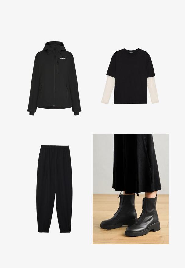 Giacca nera impermeabile con cappuccio, zip frontale, tasche laterali e logo O'Neill sul petto. Presenta polsini con velcro regolabile.; T-shirt nera in cotone con maniche corte sopra un sotto manica lunga bianca, caratterizzata da una sottile texture. Design con scollo rotondo.; Pantaloni neri leggeri con vita elastica e caviglie arricciate. Il tessuto è liscio e presenta un design rilassato e affusolato.; Stivaletti neri in pelle con una suola piatta chunky e una cerniera frontale. Texture liscia con un design minimalista.