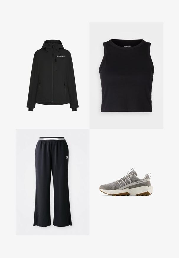 Giacca nera impermeabile con cappuccio, zip frontale, tasche laterali e logo O'Neill sul petto. Presenta polsini con velcro regolabile.; Top corto a costine nero con scollatura rotonda e design senza maniche. Realizzato in tessuto morbido ed elastico, presenta bordi rifiniti con cura.; Pantaloni sportivi neri con un design a gamba larga, cintura elastica con strisce nere e bianche e spacco ai fondi.; Sneaker New Balance grigio con tomaia in maglia texture, suola geometrica bianca, battistrada marrone, design con lacci elasticizzati e linguetta e tallone con linguette per il traino.