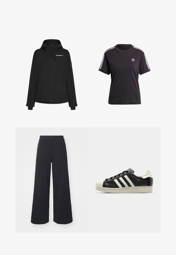 Giacca nera impermeabile con cappuccio, zip frontale, tasche laterali e logo O'Neill sul petto. Presenta polsini con velcro regolabile.; T-shirt corta nera in cotone a maniche corte con collo rotondo, caratterizzata da strisce bianche sulle spalle e un piccolo logo Adidas bianco sul petto.; Pantaloni felpati neri a gamba larga realizzati in tessuto morbido, con un elastico in vita e un piccolo logo sul lato sinistro.; Sneaker in pelle nera con strisce bianche, punta in gomma, lacci neri e suola di colore crema. Texture liscia con finitura brillante.