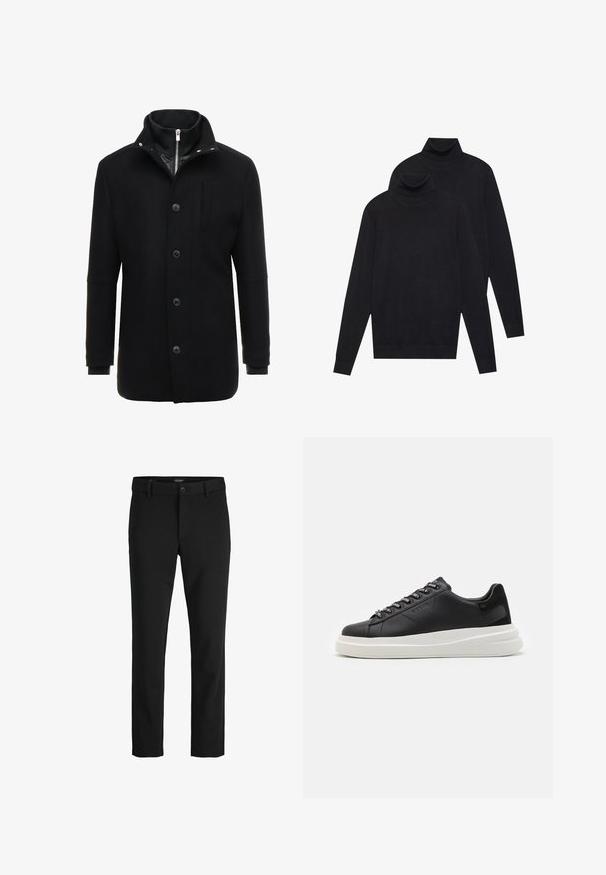 Črn volnen plašč z visokim ovratnikom, zadrgo in gumbom za zapiranje ter stranskimi žepi. Gladka tekstura z prilagojenim krojem in minimalnimi detajli.; Dva črna dolgi rokavi puloverja s turtleneck ovratnikom, enostavna pletenina, zložen eden nekoliko za drugim na belem ozadju.; Črne hlače iz gladkega blaga, s klasičnim dizajnom, ravnim krojem, sprednjim gumbom za zapiranje in stranskimi žepi.; Črne usnjene teniske z belim gumijastim podplatom, ki imajo ravne vezalke in blagovno znamko na ošitih luknjah. Mehka tekstura s kontrastnim stranskim poudarkom.