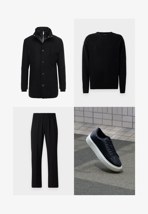 Čierny vlnený kabát s vysokým golierom, zipsom a gombíkovým zapínaním, a bočnými vreckami. Hladká textúra s prispôsobeným strihom a minimálnymi akcentmi.; Čierny pletený sveter s okrúhlym výstrihom, dlhými rukávmi a textúrovaným vzorom po celej ploche. Obsahuje rebrované manžety a lem.; Čierne nohavice s elastickým pásom a rovnými nohavicami, majú hladkú textúru a žiadne viditeľné vzory ani kovové doplnky.; Čierne kožené tenisky s okrúhlou špičkou a bielou gumovou podrážkou. Majú ploché šnúrky a minimálne šitie na vrchu. Textúrovaná podrážka pre lepšiu priľnavosť.