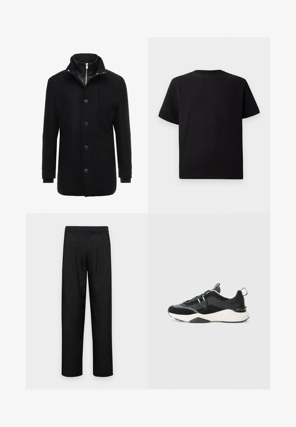 Čierny vlnený kabát s vysokým golierom, zipsom a gombíkovým zapínaním, a bočnými vreckami. Hladká textúra s prispôsobeným strihom a minimálnymi akcentmi.; Čierne tričko s krátkym rukávom vyrobené z textúrovanej látky, s okrúhlym výstrihom a voľným strihom. Jednoduché, bez vzorov alebo akcentov.; Čierne nohavice vyrobené z hladkej tkaniny, s rovnými nohavicami, dvoma prednými skladmi a štandardným pásom s pútkami na opasok.; Čierne tenisky so zmesou semišu a sieťoviny, robustná biela podrážka a reflexné detaily. Dizajn na šnurovanie s pútkom.