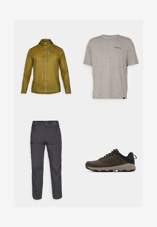 Chaqueta ligera verde oliva con capucha, cremallera frontal completa y un pequeño bolsillo en el pecho con cremallera. Tejido texturizado con un brillo sutil.; Camiseta gris de manga corta hecha de una tela suave y texturizada, que presenta un pequeño logotipo azul de Patagonia en el lado izquierdo del pecho. Sin patrones adicionales.; Pantalones oscuros de color gris, hechos de un tejido duradero, que cuentan con un bolsillo con cremallera, corte recto y trabillas para cinturón para un ajuste ajustable.; Zapatillas impermeables marrones con parte superior texturizada, acentos perforados, soporte para el talón negro y suela de goma gris. Los cordones tienen extremos metálicos.