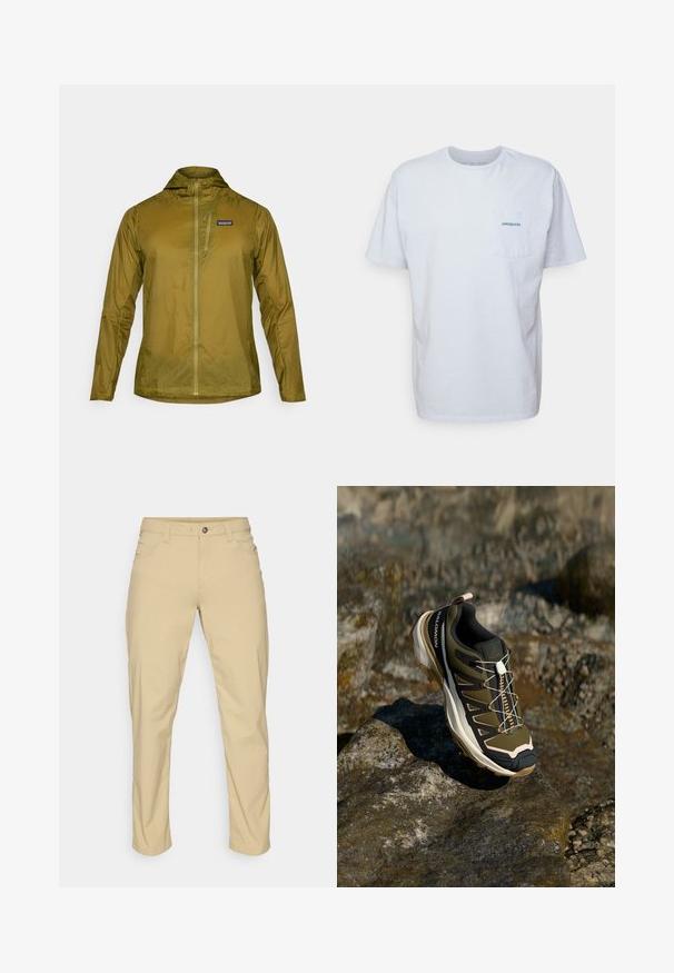 Olive green lightweight jacket with a hood, full front zipper, and a small zippered chest pocket. Textured fabric with a subtle sheen.; White cotton t-shirt with short sleeves, round neck, and a left chest pocket featuring a blue "Patagonia" logo. Classic fit with a smooth texture.; Patagonia QUANDARY PANTS - Outdoor trousers - classic tan; Hiking shoe in olive green and black with pink accents. Features a textured upper, flexible sole, reinforced toe cap, and colorful lacing system.