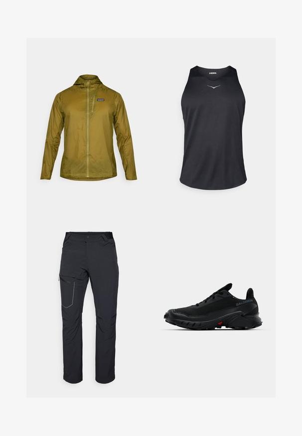 Maslinasto zelena lagana jakna s kapuljačom, punim prednjim patentnim zatvaračem i malim džepom na prsima s patentnim zatvaračem. Teksturirana tkanina s suptilnim sjajem.; Crna bezrukava atletska majica od prozračnog materijala, s okruglim izrezom i reflektirajućim logotipom na prsima.; Crne vanjske hlače s patentnim zatvaračem na butu, elastičnim pojasom i glatkim, vodootpornim materijalom. Čist dizajn bez vidljivih logotipa.; Crne atletske cipele s teksturiranim gornjim dijelom, zaobljenim vrhom i istaknutim gumiranim potplatom. Imaju logo na strani i crvene detalje na potplatu.