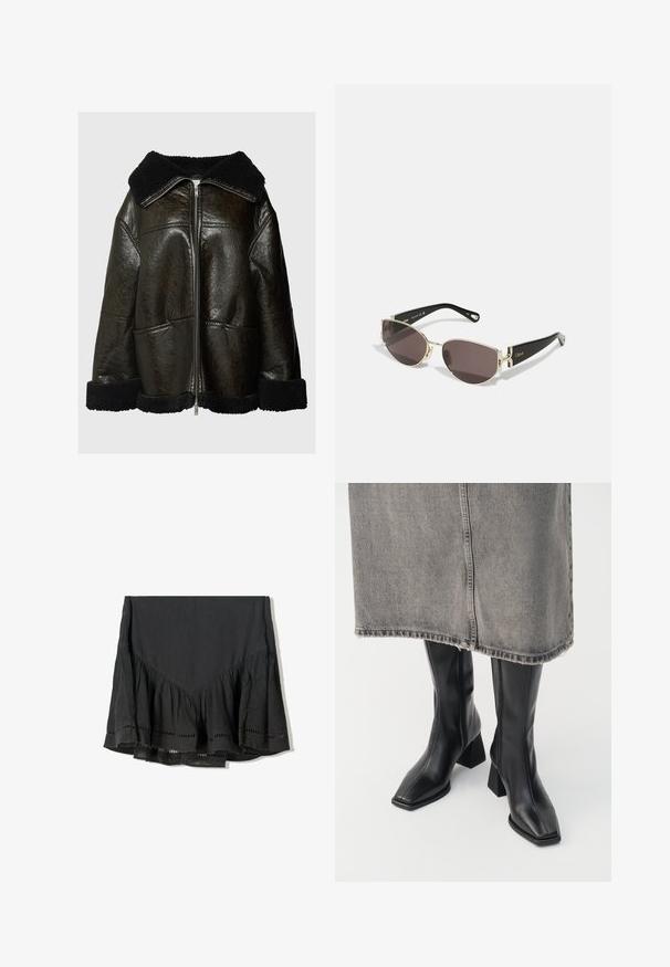 Giacca in pelle marrone con colletto e polsini in shearling nero. Dotata di cerniera frontale e due tasche laterali. Finitura testurizzata, fit oversize.; Maglione a collo alto nero con maniche lunghe, design crop, texture lavorata a maglia e polsini aderenti. Semplice, di un colore uniforme senza motivi.; Gonna nera con orlo a balze stratificato, realizzata in tessuto testurizzato. Presenta dettagli a taglio lungo il bordo inferiore e un design a forma di V nella parte superiore.; Stivali neri al ginocchio in pelle liscia con punta squadrata e tacco a blocco. Indossati con una gonna in denim grigia con orlo sfilacciato.; Occhiali da sole neri e dorati con una montatura ovale e stretta, lenti scure e un raffinato accessorio ai templi. Design leggero e slanciato.