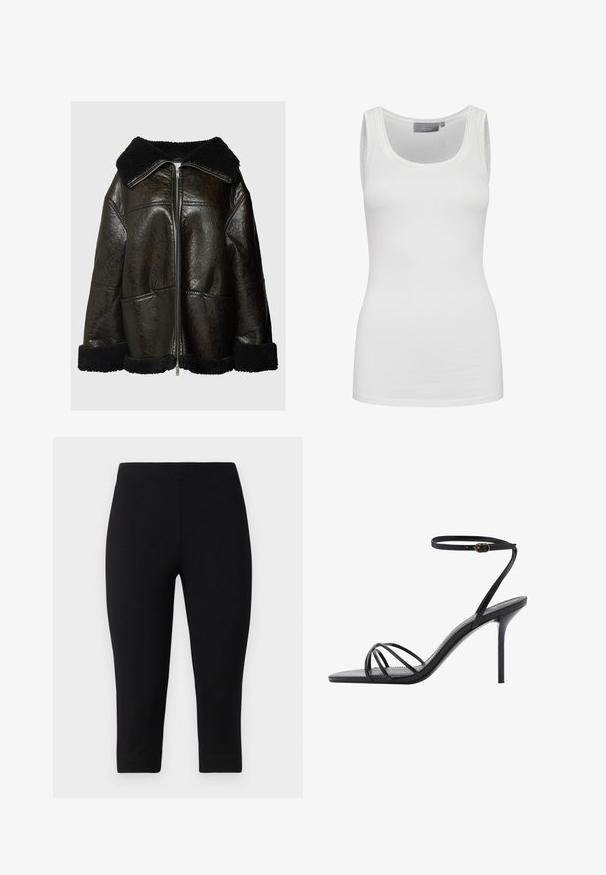Brown leather jacket with a black shearling collar and cuffs. Features a front zipper and two side pockets. Textured finish, oversized fit.; White tank top made of soft, stretchy fabric with a round neckline and narrow straps. Features a smooth texture and fitted design.; Black capri leggings made of stretchy material, featuring a snug fit and smooth texture, with no prominent patterns or accents.; Black high-heeled sandal featuring a thin ankle strap, multiple crisscross straps over the foot, and a sleek square toe design.