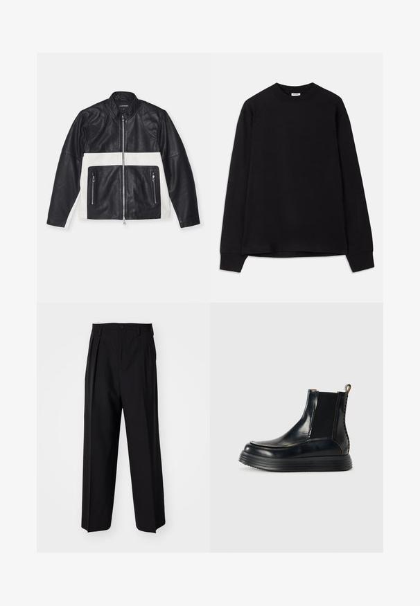 J.LINDEBERG TATUM BIKER JACKET - Skinnjacka - black; Svart långärmad t-shirt i mjuk bomull. Har rund nacke, lös passform och ribbad mudd. Inga synliga mönster eller logotyper.; Svarta plisserade byxor med en rak, bred bendesign. Tillverkade av ett slätt tyg, med knäppning fram och bälteshällor.; Svart läder slip-on ankelskortsboote med tjock sål med ribbor, elastiska sidopaneler, draganordning och dekorativt bakstygn.