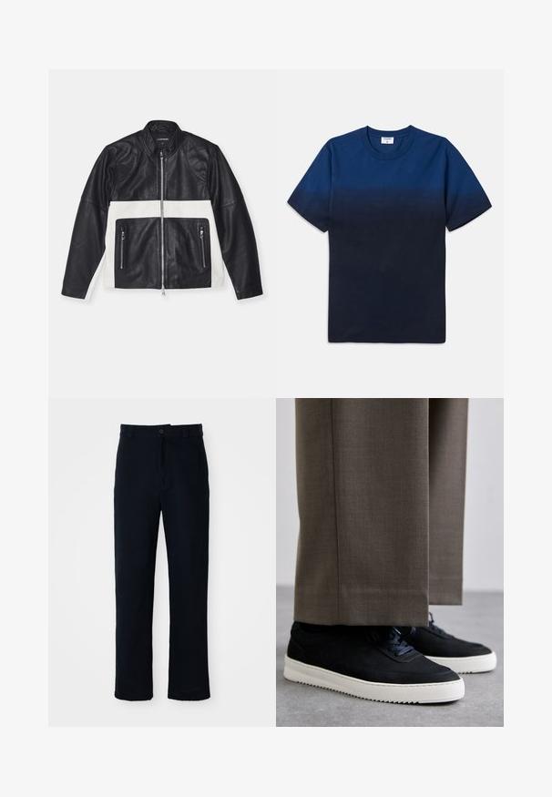 J.LINDEBERG TATUM BIKER JACKET - Kožnata jakna - black; Tamno plava pamučna majica s okruglim izrezom, kratkim rukavima i suptilnim gradijentnim dizajnom koji prelazi iz svjetlijih u tamnije nijanse.; Mornarsko plave hlače od pamuka, s ravnim krojem, prednjim kopčanjem na gumb i klasičnim pojasom s petljama za remen.; Crne nubuk tenisice s bijelim gumenim potplatima, s zaobljenim vrhom i vezicama, uparene s sivim krojenim hlačama.
