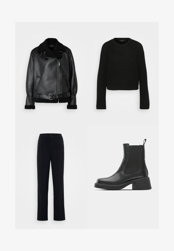 Črna usnjena jakna s umetnim ovčjim krznom na ovratniku in manšetah, z zadrgo spredaj, stranskimi žepi in s cinčanim pasom z obročkom.; Črna pletena pulover z okroglo ovratnikom in dolgimi rokavi. Ima teksturiran vzorec in skrajšan dizajn.; Črne hlače s ravno krojem, ki imajo sprednje naborke in gumbasto zapiranje, izdelane iz gladkega materiala. Čiste linije po celotni dolžini.; Črne usnjene gležnjarje z elastičnimi stranskimi paneli, zaobljenim nosom in masivnim blokastim peto. Gladka tekstura z minimalističnim dizajnom.