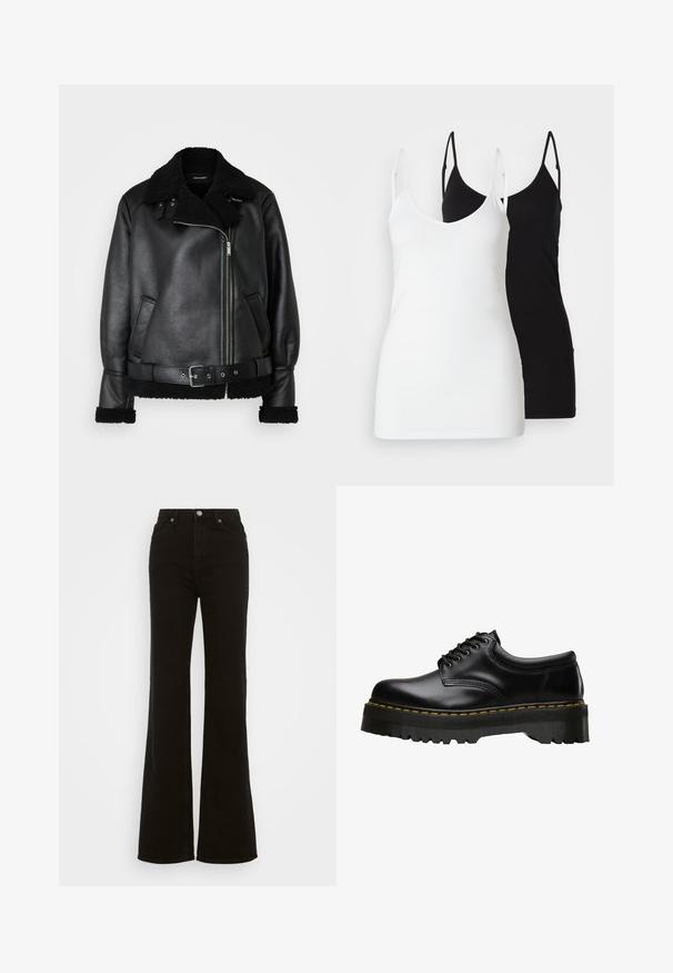 Melna ādas jaka ar mākslīgo vilnas apkakli un aprocēm, ar priekšējo rāvējslēdzēju, sānu kabatām un savilktu jostasvietu ar jostu.; Divas divi sieviešu topi: viens balts, otrs melns, izgatavots no mīkstas auduma, ar plānām siksnām un dziļu V veida kakla izgriezumu.; Augstas jostas melni izplūduši džinsi, kas izgatavoti no denima, ar pogu aizdari, sānu kabatām un gludu tekstūru.; Melni ādas kurpju zābaki ar biezām, zāģveida melnām gumijas zolgām un dzeltenu diegu apmalē, ar gludu virsmu.