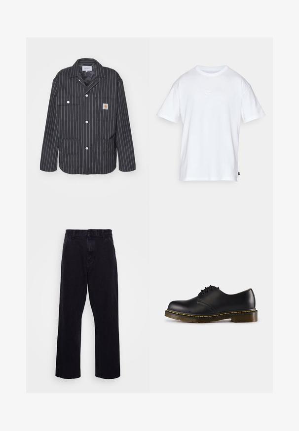 Jakna s crno-bijelim prugama i ovratnikom, koja ima dva džepa na prsima, dugmiće na kopčanje i etiketu s logotipom na lijevom džepu.; Bijela pamučna majica s kratkim rukavima i okruglim izrezom. Ima mali, diskretni Nike logo na prsima i oznaku sa strane.; Crne traperice sa ravnim krojem, s gumbom i patentnim zatvaračem, petljama za pojas i minimalnim detaljima šivanja.; Crna kožna cipela s zaobljenim prstom, dizajnom na vezivanje, žutim šavovima duž pete i debelim, teksturiranim gumiranim đonom.