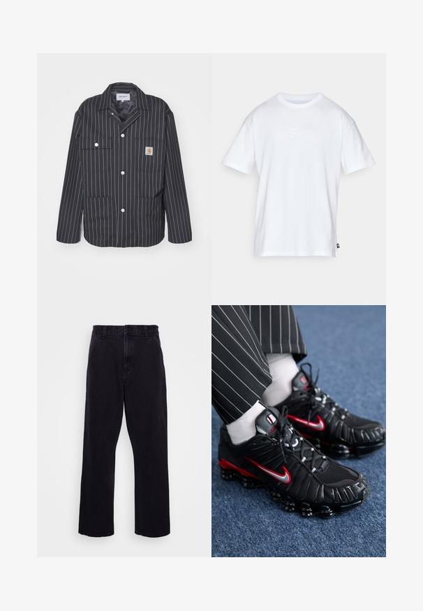 Jakna s crno-bijelim prugama i ovratnikom, koja ima dva džepa na prsima, dugmiće na kopčanje i etiketu s logotipom na lijevom džepu.; Bijela pamučna majica s kratkim rukavima i okruglim izrezom. Ima mali, diskretni Nike logo na prsima i oznaku sa strane.; Crne traperice sa ravnim krojem, s gumbom i patentnim zatvaračem, petljama za pojas i minimalnim detaljima šivanja.; Crne atletske cipele s crvenim i srebrnim detaljima, mrežastim i teksturiranim sintetičkim materijalima, vezni dizajn i vidljiva podstava.