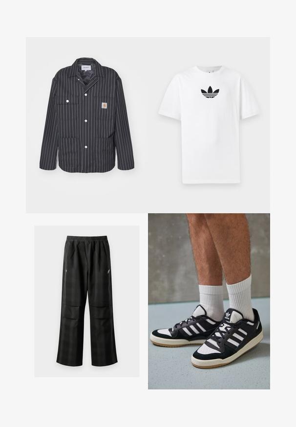 Jakna s črno-belimi črtami in ovratnikom, ki vsebuje dve žepi na prsih, pritisne gumbe in logotip na levem žepu.; Bela bombažna majica s črnim logojem Adidas na sredini. Kratki rokavi in oblikovanje z okrog lim. Gladka tekstura.; Črne karirane hlače z elastičnim pasom, dvema sprednjima žepoma in ohlapnim krojem s pravimi nogavicami. Narejene so iz lahke tkanine.; Črno-bele superge z zgornjim delom iz usnja in nubuka, ki imajo tri bele črte, perforiran vrh prstov in podplat iz gume.