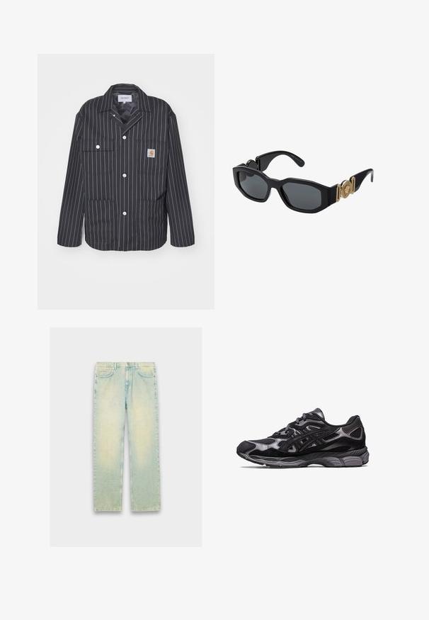 Casaco listrado em preto e branco com um design de colarinho, apresentando dois bolsos no peito, botões de pressão e um patch de logo no bolso esquerdo.; T-shirt preta de manga curta feita de algodão. Apresenta um decote redondo e um corte descontraído. Design simples, sem padrões ou detalhes visíveis.; Calças de ganga azul claro com um corte largo, apresentando cinco bolsos, fecho de correr e um acabamento desbotado ao longo das coxas e joelhos.; Shoe atlético preto com parte superior de malha e camurça, apresentando um design texturizado e uma sola cinza robusta e amortecida.; Óculos de sol pretos com uma armação geométrica robusta, lentes escuras e detalhes em metal dourado nas hastes, apresentando um emblema redondo.