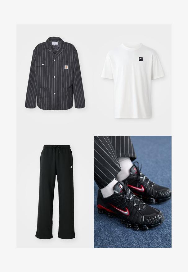 Svart-hvitt stripete jakke med krage-design, som har to brystlommer, trykknapper og et logo-patch på venstre lomme.; Hvit bomull t-skjorte med korte ermer og rund hals; har en liten svart rektangulær Nike Air-logo på venstre bryst.; Sorte sweatpants laget av myk stoff, med elastisk linning og justerbar snor samt en liten logo aksent på siden.; Sorte fritidssko med røde og sølvfargede accenter, mesh og strukturert syntetisk materiale, snøring og synlig dempingsåle.