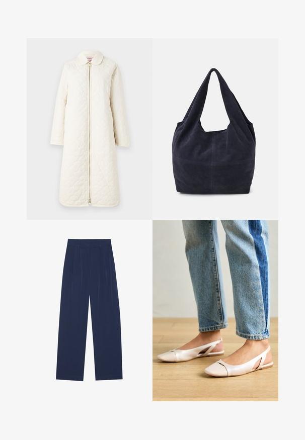Pikowany, do kolan płaszcz w kolorze off-white. Posiada kołnierz i zamek błyskawiczny z przodu. Gładka tekstura z delikatnym wzorem.; Biała bawełniana koszula z długim rękawem o okrągłym dekolcie, gładkiej fakturze i dopasowanym kroju. Brak widocznych wzorów lub akcentów.; Granatowe spodnie o szerokich nogawkach, wykonane z miękkiego materiału, z przodem w kant, gładką fakturą i prostym krojem bez widocznych kieszeni.; Jasnoróżowe baleriny na odkrytej pięcie z wąskim noskiem, wykonane z gładkiego materiału imitującego skórę. Posiadają wycięcia po bokach oraz płaski obcas.; Granatowa torebka zamszowa o luźnym fasonie, szerokimi ramiączkami i widocznymi szwami na korpusie.
